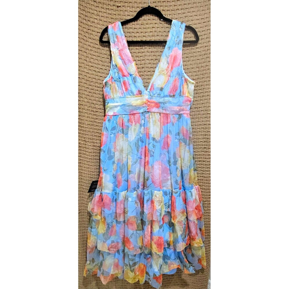 NWT Lulus Perfectly Divine Blue Floral Tulle Tiered Ruffled Midi Dress - Size S